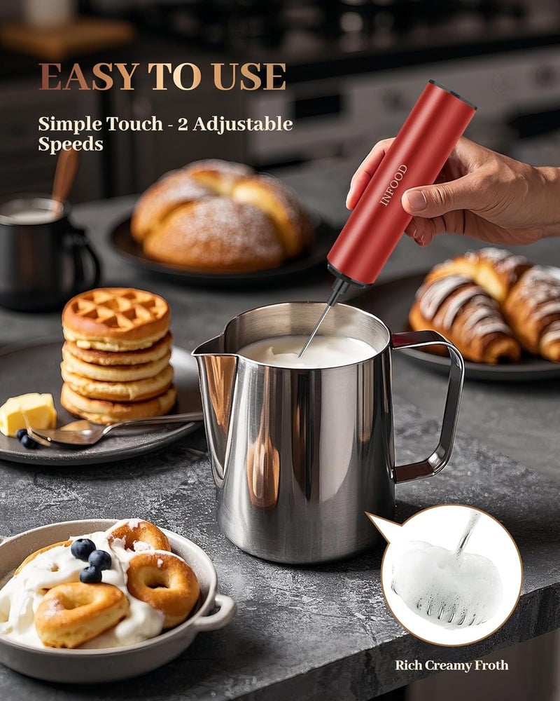 INFOOD Milk Frother Rechargeable with Cover - Coffee Frother Wand, Drink Mixer Handheld with 2 Detachable Stainless Whisks 2 Speed Adjustable for Latte, Cappuccino, Hot Chocolate, Egg, Red - Image 5